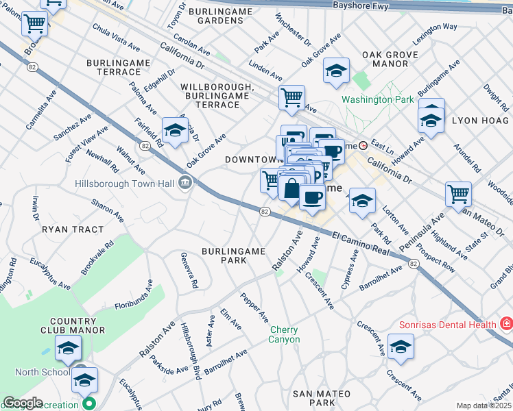 map of restaurants, bars, coffee shops, grocery stores, and more near 400 California 82 in Burlingame