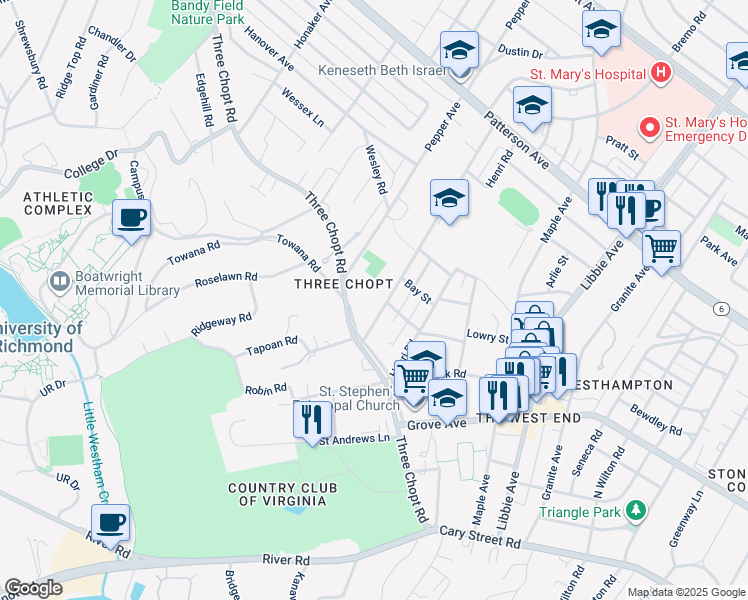 map of restaurants, bars, coffee shops, grocery stores, and more near 410 Saint Christopher's Road in Richmond
