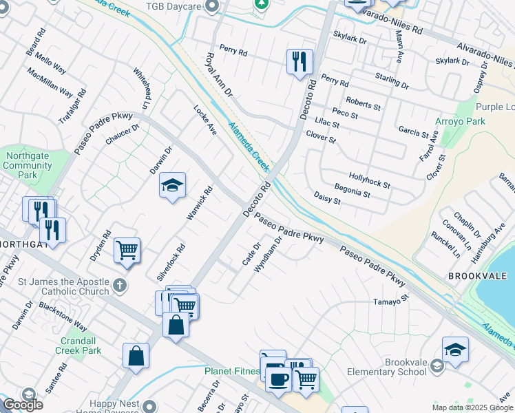 map of restaurants, bars, coffee shops, grocery stores, and more near 35095 Sexton Common in Fremont