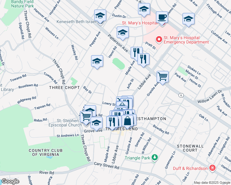 map of restaurants, bars, coffee shops, grocery stores, and more near 5900 Fergusson Road in Richmond