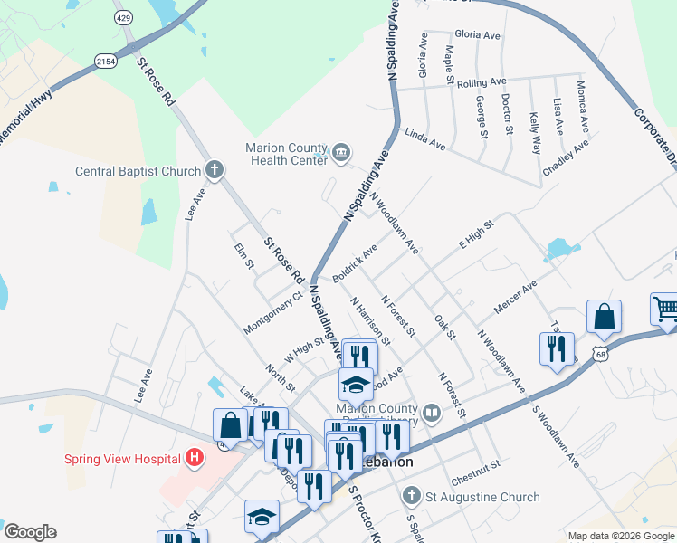map of restaurants, bars, coffee shops, grocery stores, and more near 201 Boldrick Avenue in Lebanon
