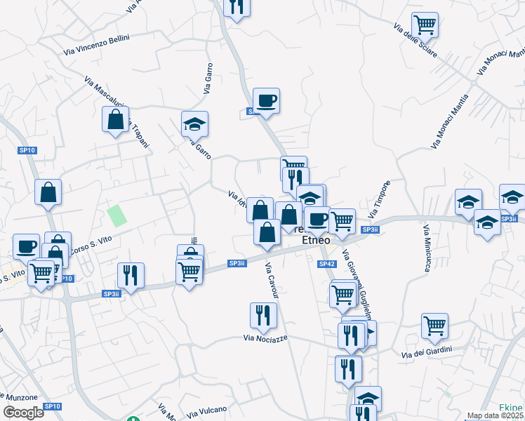 map of restaurants, bars, coffee shops, grocery stores, and more near 65 Via Vito Scalia in Tremestieri Etneo