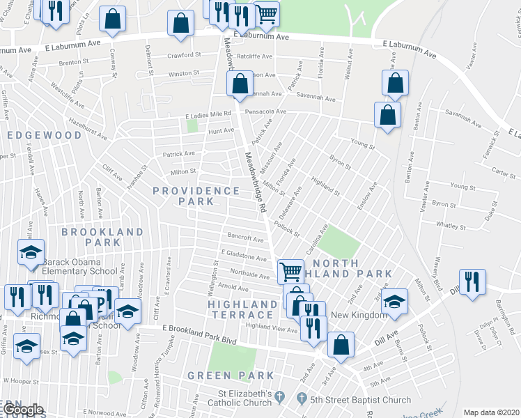 map of restaurants, bars, coffee shops, grocery stores, and more near 3310 Meadowbridge Road in Richmond