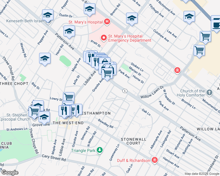 map of restaurants, bars, coffee shops, grocery stores, and more near 804 Seneca Road in Richmond