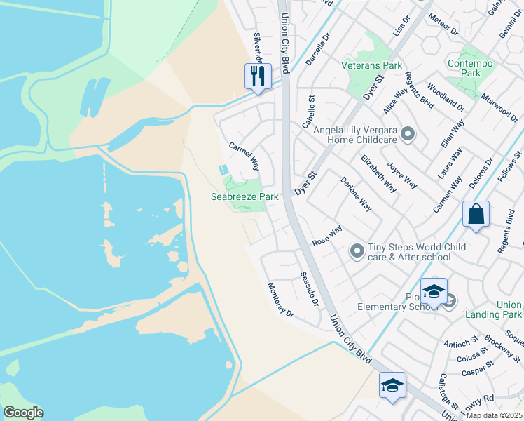 map of restaurants, bars, coffee shops, grocery stores, and more near 32600 Carmel Way in Union City