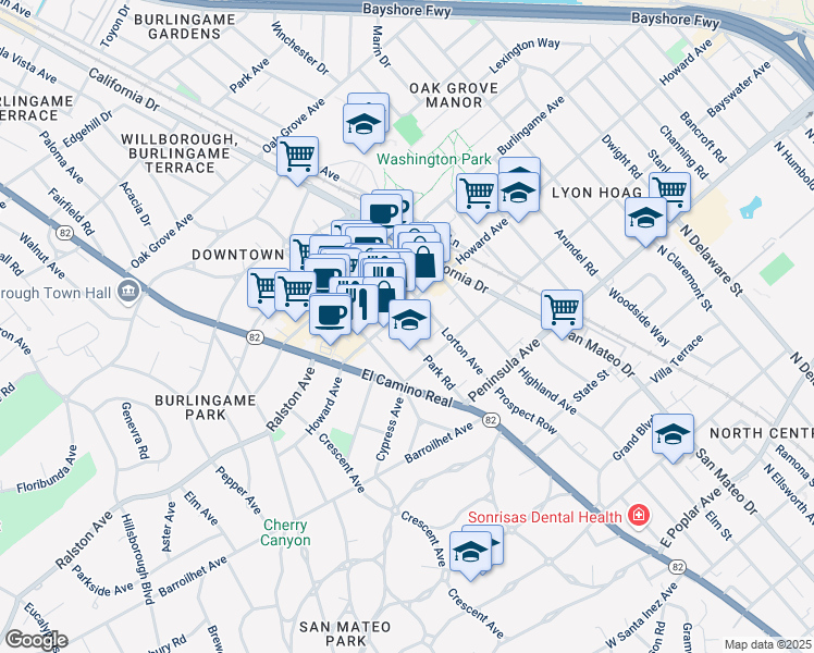 map of restaurants, bars, coffee shops, grocery stores, and more near 150 Park Road in Burlingame