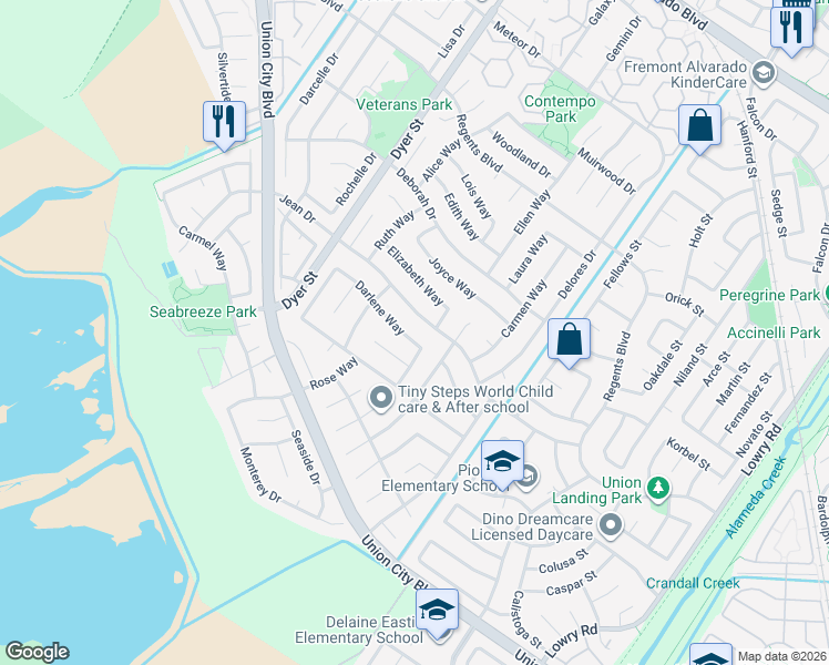 map of restaurants, bars, coffee shops, grocery stores, and more near 32461 Darlene Way in Union City