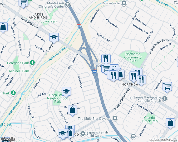map of restaurants, bars, coffee shops, grocery stores, and more near 4243 Nerissa Circle in Fremont