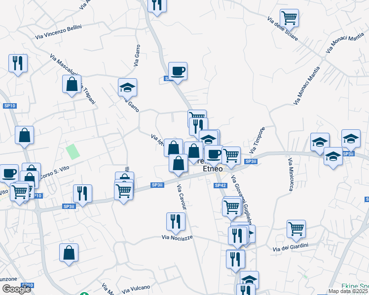 map of restaurants, bars, coffee shops, grocery stores, and more near 65 Via Vito Scalia in Tremestieri Etneo