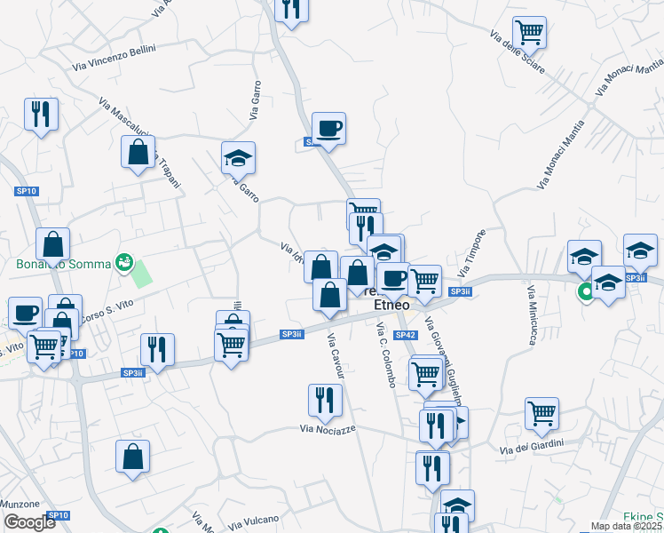 map of restaurants, bars, coffee shops, grocery stores, and more near 65 Via Vito Scalia in Tremestieri Etneo