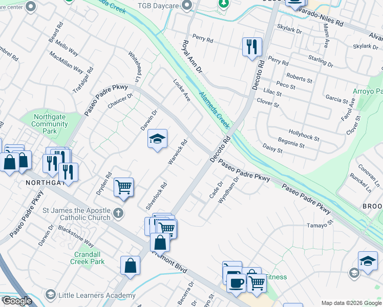 map of restaurants, bars, coffee shops, grocery stores, and more near 34843 Warwick Court in Fremont