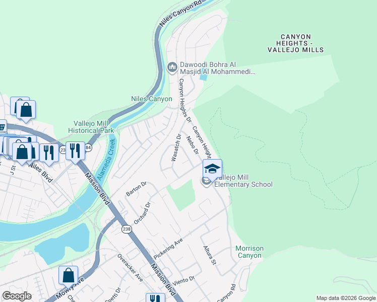 map of restaurants, bars, coffee shops, grocery stores, and more near 38430 Moab Drive in Fremont