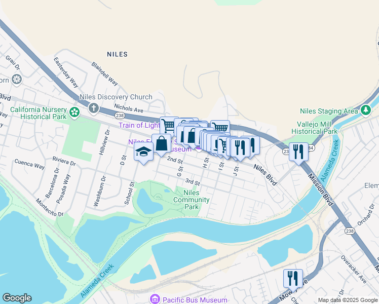 map of restaurants, bars, coffee shops, grocery stores, and more near 185 G Street in Fremont