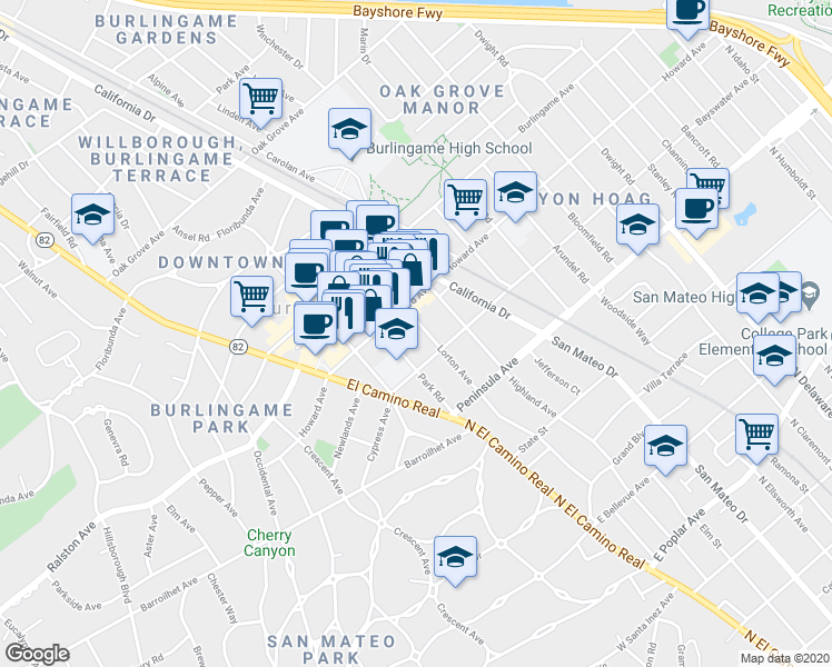 map of restaurants, bars, coffee shops, grocery stores, and more near 110 Park Road in Burlingame