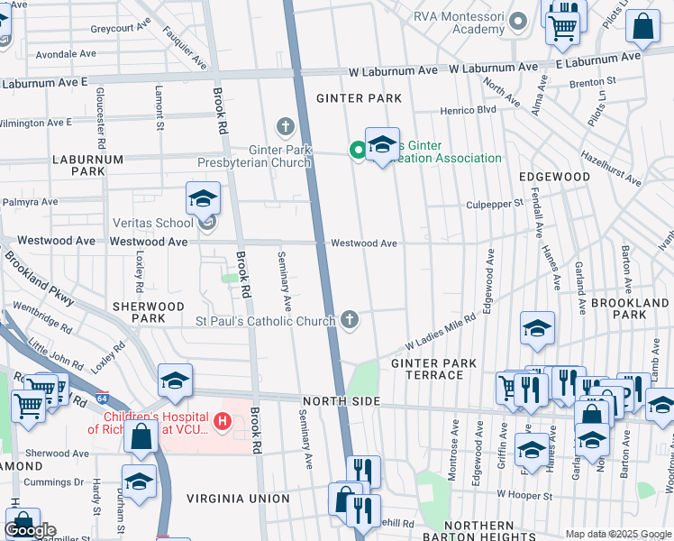 map of restaurants, bars, coffee shops, grocery stores, and more near 3207A Chamberlayne Avenue in Richmond