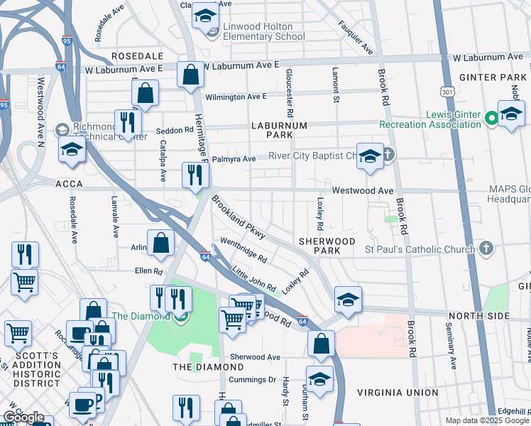 map of restaurants, bars, coffee shops, grocery stores, and more near 1516 Brookland Parkway in Richmond
