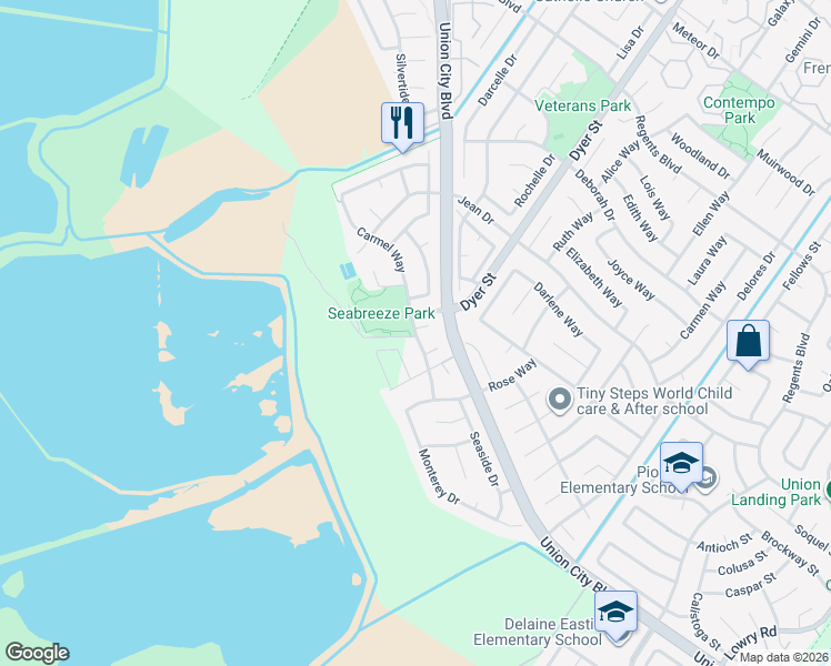 map of restaurants, bars, coffee shops, grocery stores, and more near 32606 Carmel Way in Union City