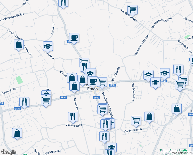 map of restaurants, bars, coffee shops, grocery stores, and more near 30 Via Marletta in Tremestieri Etneo