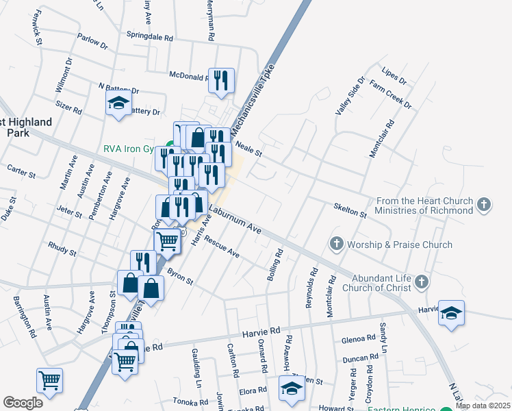 map of restaurants, bars, coffee shops, grocery stores, and more near 3812 Candlegrove Court in Richmond