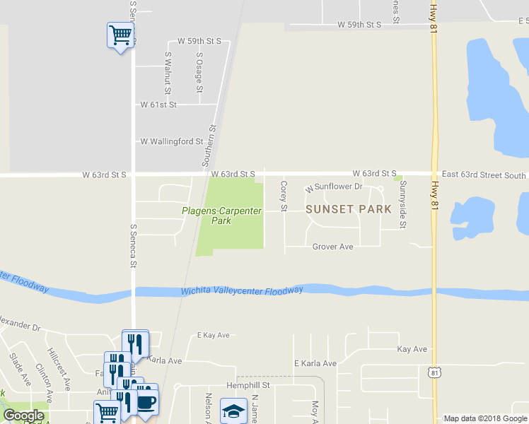 map of restaurants, bars, coffee shops, grocery stores, and more near 815 Hollywood in Wichita