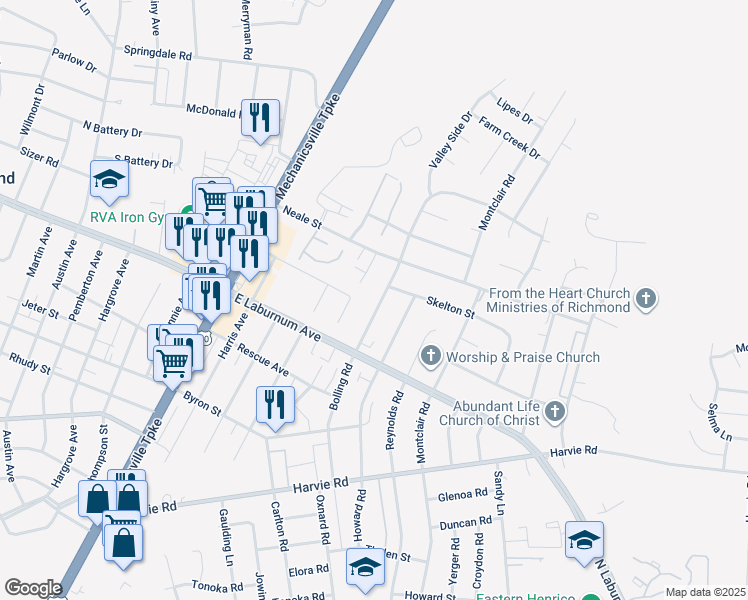 map of restaurants, bars, coffee shops, grocery stores, and more near 3838 Bolling Road in Richmond