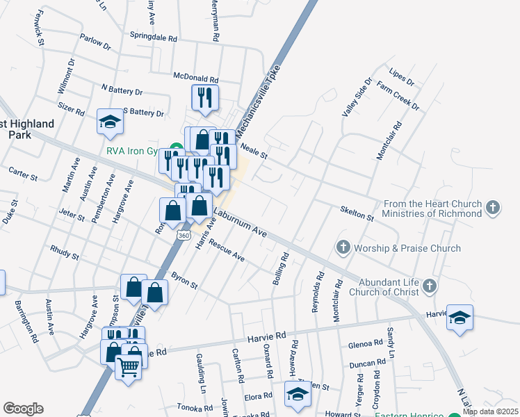 map of restaurants, bars, coffee shops, grocery stores, and more near 3812 Candlegrove Court in Richmond