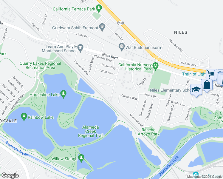 map of restaurants, bars, coffee shops, grocery stores, and more near 921 Rock Avenue in Fremont