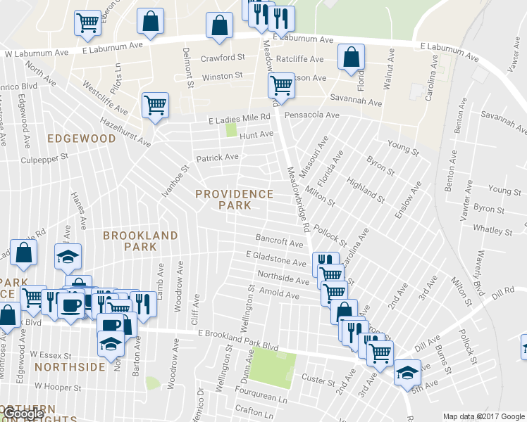 map of restaurants, bars, coffee shops, grocery stores, and more near 3306 Wellington Street in Richmond