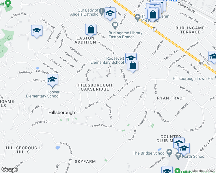map of restaurants, bars, coffee shops, grocery stores, and more near Downey Way in Burlingame