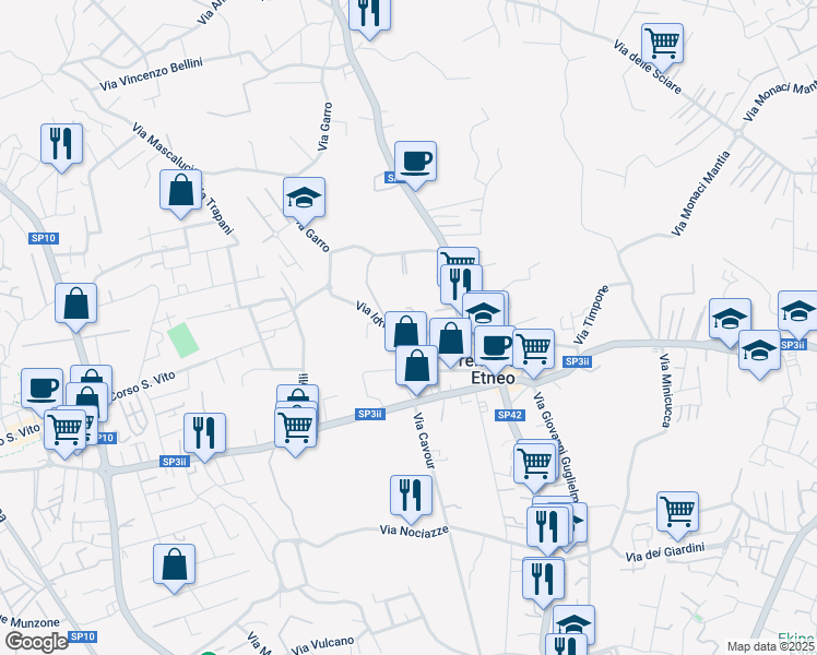 map of restaurants, bars, coffee shops, grocery stores, and more near 65 Via Vito Scalia in Tremestieri Etneo