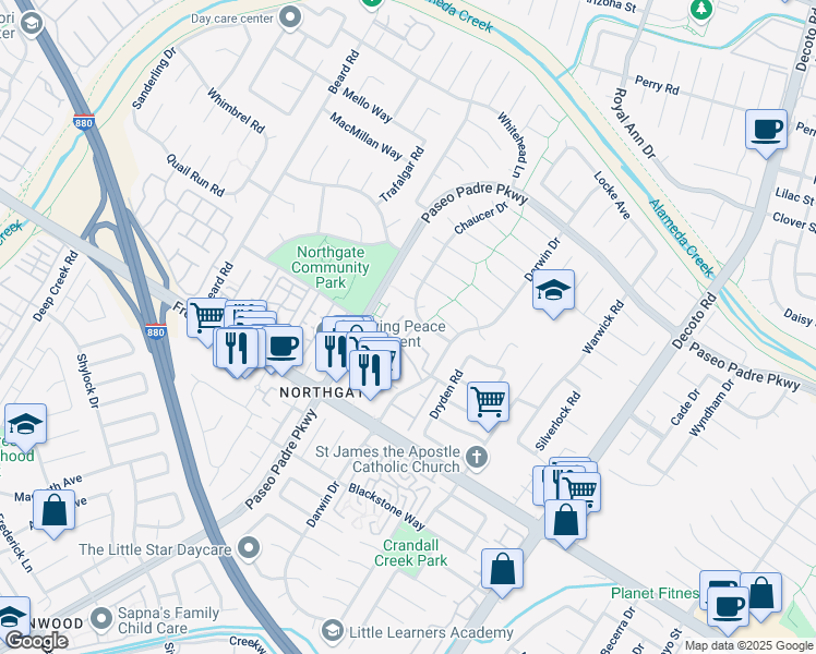 map of restaurants, bars, coffee shops, grocery stores, and more near 34179 Bowlingreen Common in Fremont