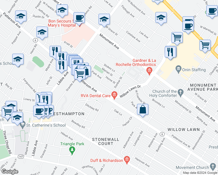 map of restaurants, bars, coffee shops, grocery stores, and more near 5308 Snowden Lane in Richmond