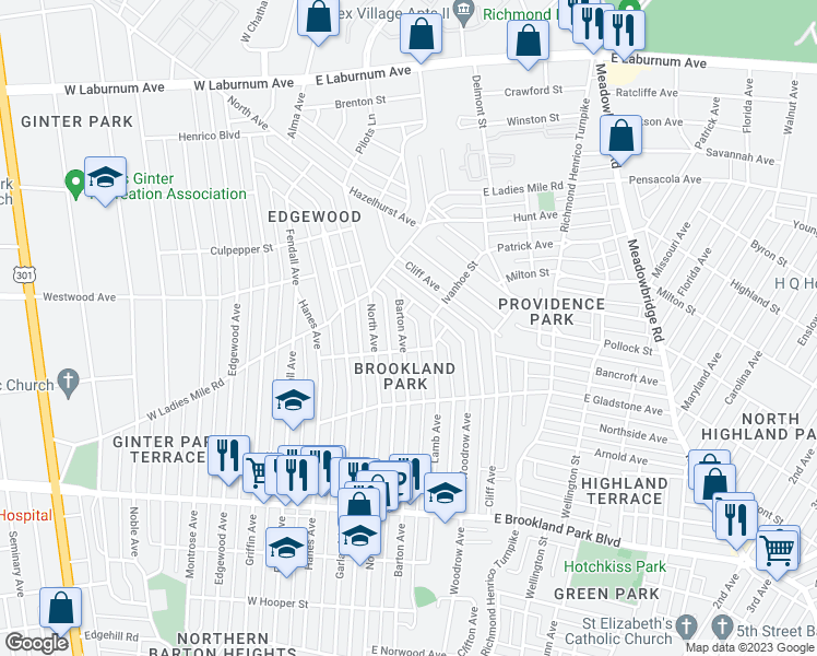 map of restaurants, bars, coffee shops, grocery stores, and more near 3309 Barton Avenue in Richmond