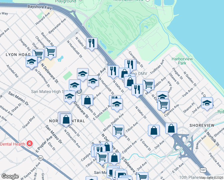 map of restaurants, bars, coffee shops, grocery stores, and more near 306 North Humboldt Street in San Mateo