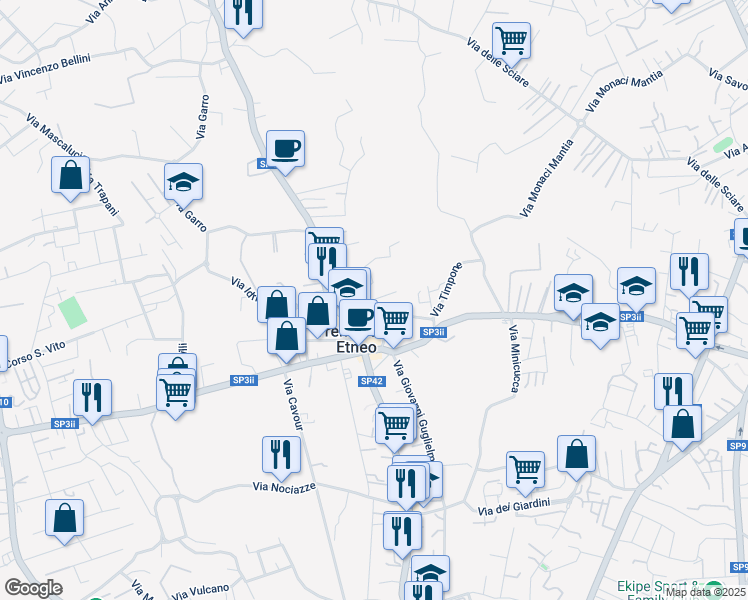 map of restaurants, bars, coffee shops, grocery stores, and more near 30 Via Marletta in Tremestieri Etneo