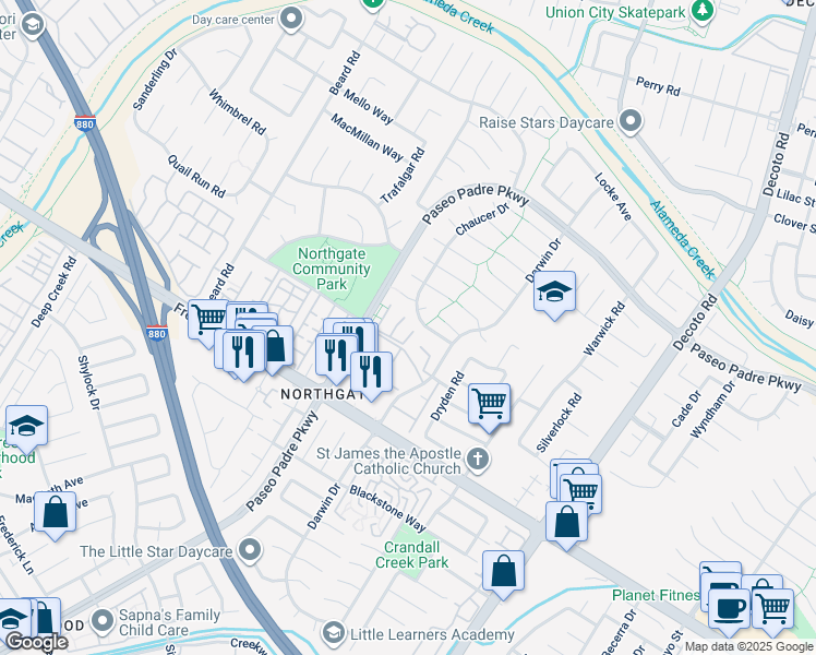 map of restaurants, bars, coffee shops, grocery stores, and more near 3666 Gainsborough Terrace in Fremont