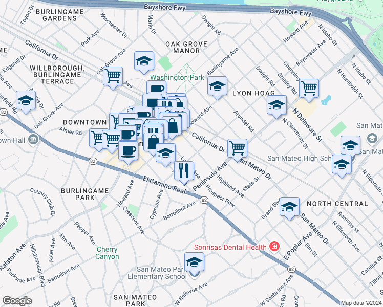 map of restaurants, bars, coffee shops, grocery stores, and more near 1155 Bayswater Avenue in Burlingame