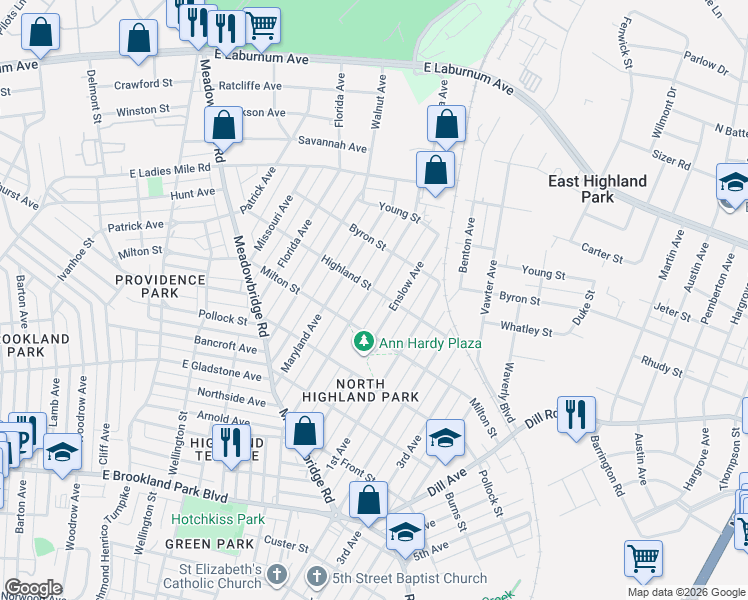 map of restaurants, bars, coffee shops, grocery stores, and more near 3406 Enslow Avenue in Richmond