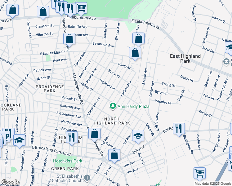 map of restaurants, bars, coffee shops, grocery stores, and more near 3421 Carolina Avenue in Richmond