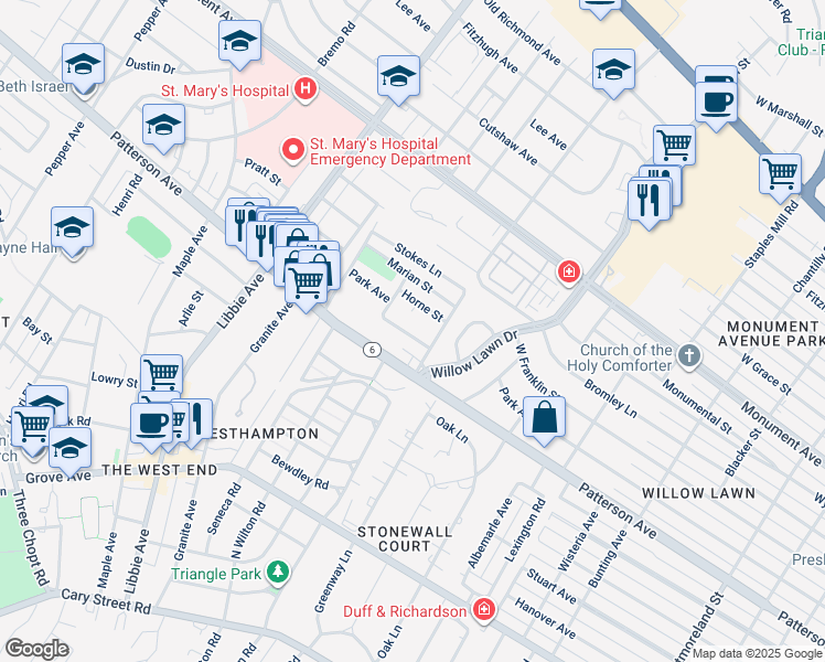 map of restaurants, bars, coffee shops, grocery stores, and more near 5310 Snowden Lane in Richmond