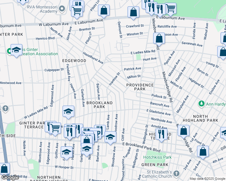 map of restaurants, bars, coffee shops, grocery stores, and more near 3235 Woodrow Avenue in Richmond