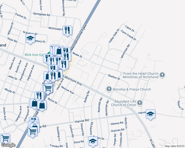 map of restaurants, bars, coffee shops, grocery stores, and more near 3805 Pinewood Glen Lane in Richmond