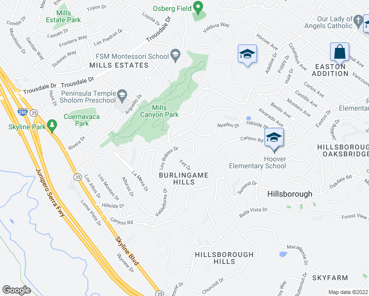map of restaurants, bars, coffee shops, grocery stores, and more near 124 Los Robles Dr in Burlingame