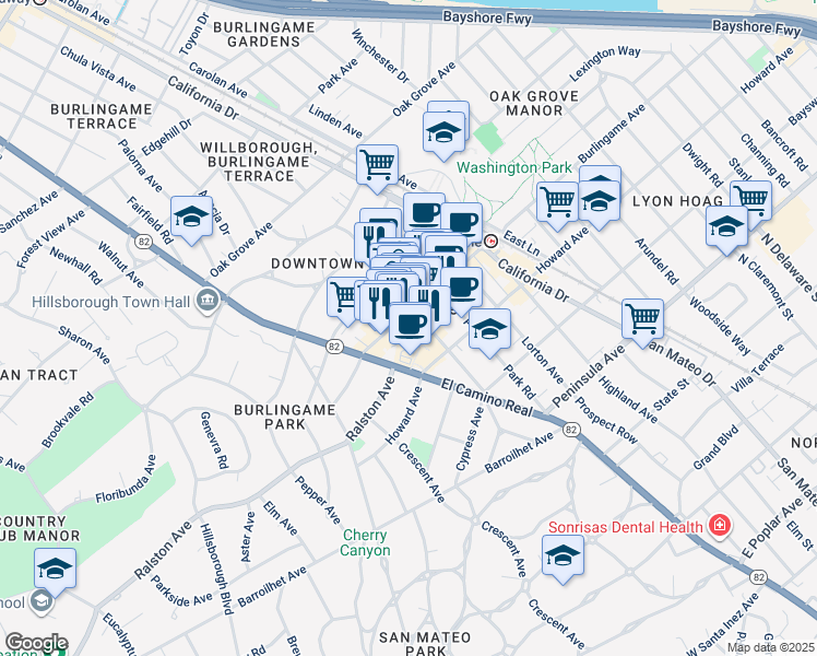 map of restaurants, bars, coffee shops, grocery stores, and more near 329 Primrose Road in Burlingame