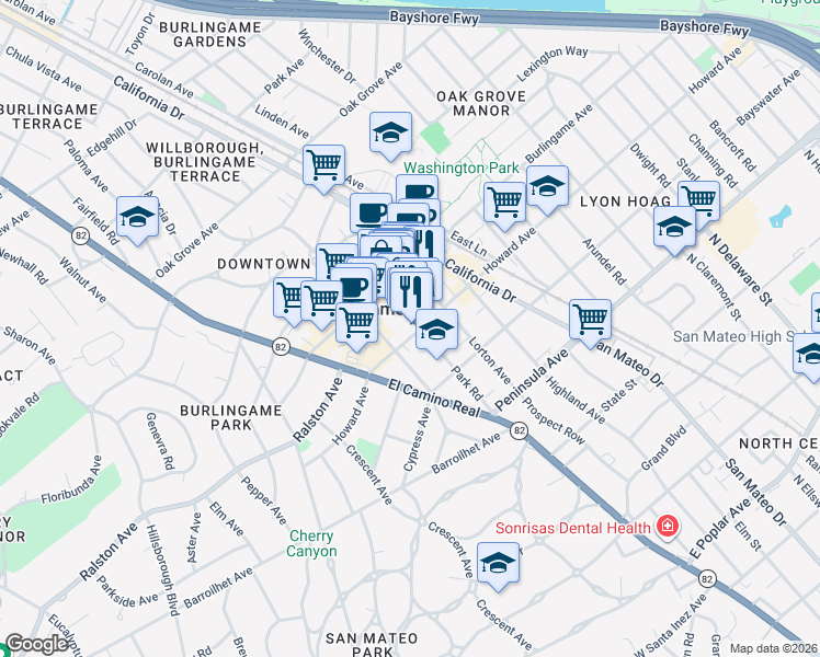 map of restaurants, bars, coffee shops, grocery stores, and more near 220 Park Road in Burlingame