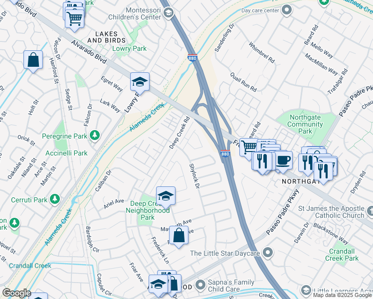 map of restaurants, bars, coffee shops, grocery stores, and more near 33710 Shylock Drive in Fremont