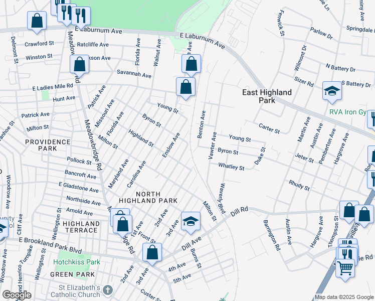 map of restaurants, bars, coffee shops, grocery stores, and more near 3519 1st Avenue in Richmond