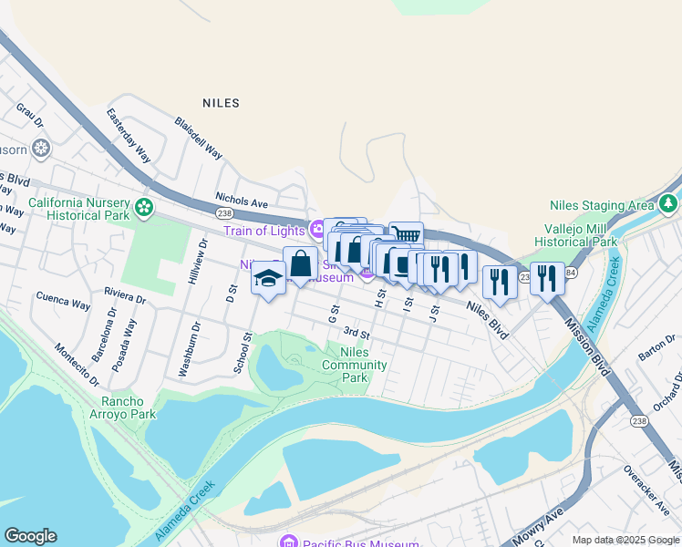 map of restaurants, bars, coffee shops, grocery stores, and more near 37299 Niles Boulevard in Fremont