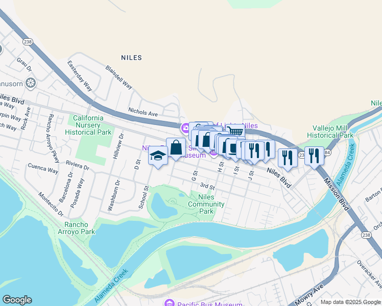 map of restaurants, bars, coffee shops, grocery stores, and more near 37270 Niles Boulevard in Fremont