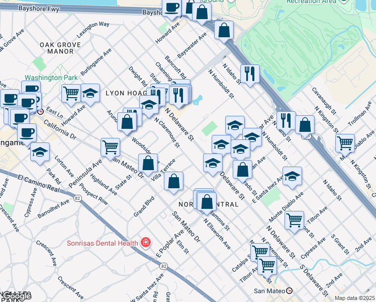 map of restaurants, bars, coffee shops, grocery stores, and more near 655 North Delaware Street in San Mateo